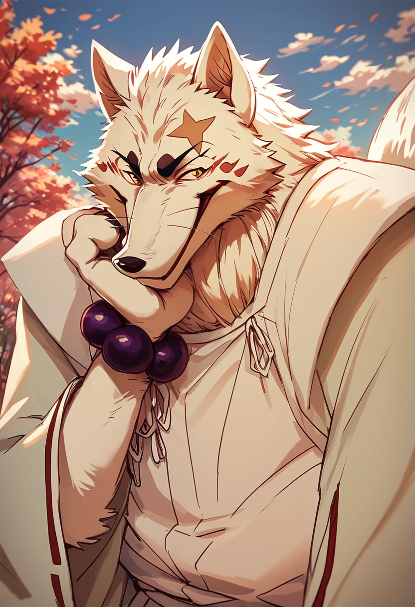 score_9, score_8_up, score_7_up, best quality, hires, male, Gintaro, furry, fox spirit, solo, yellow eyes, white kimono, sandals, bead bracelet, amazing background, full body, happy, closed mouth, hand on chin, looking at biewer, sly grin, <lora:Gintaro_from_Gingitsune:1>