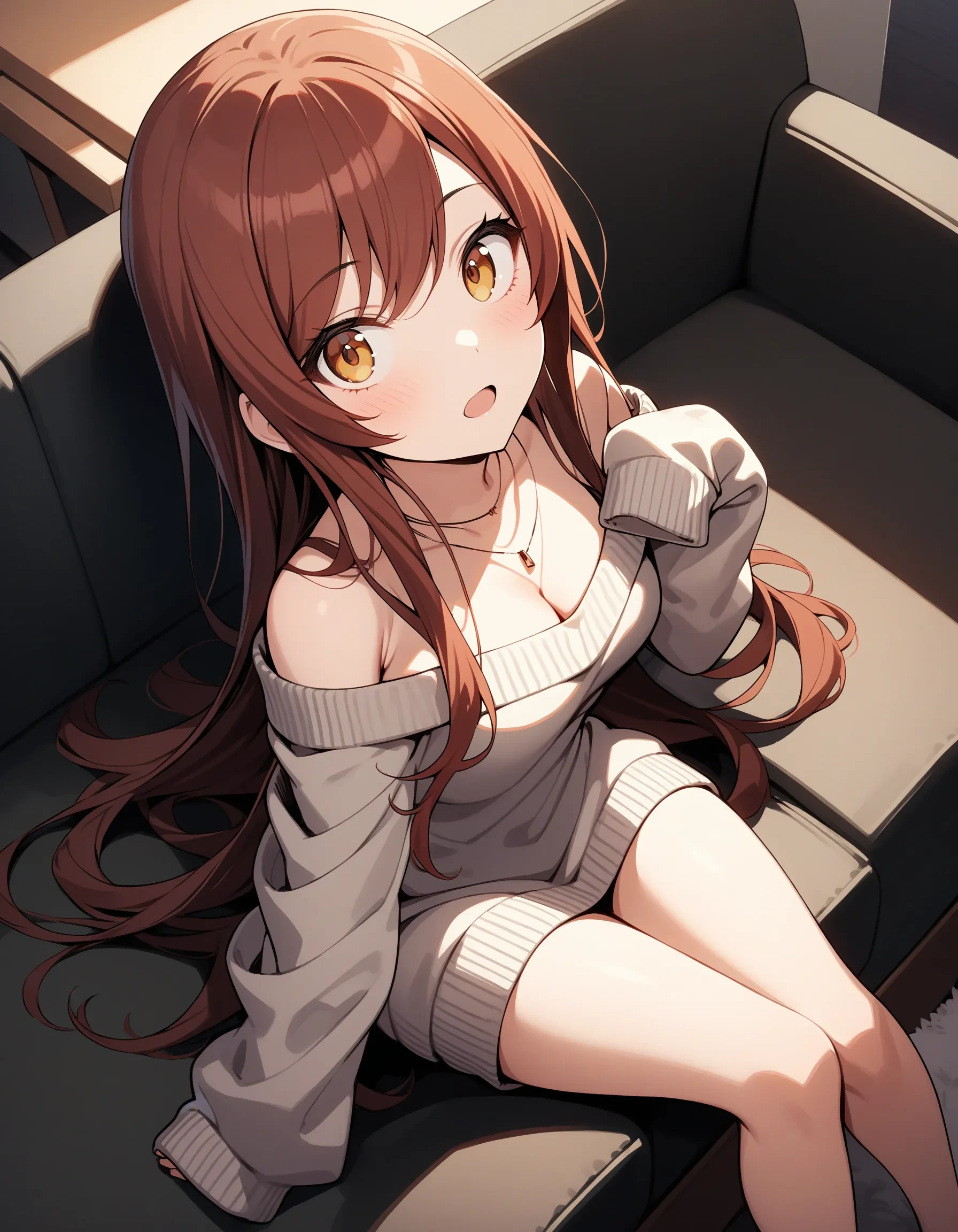 a_osaki, 1girl, bare legs, bare shoulders, blush, breasts, red hair, brown hair, cleavage, couch, dress, from above, grey sweater, indoors, jewelry, long hair, long sleeves, looking at viewer, looking up, medium breasts, necklace, off shoulder, on couch, open mouth, sitting, sleeves past wrists, solo, sweater, sweater dress, swept bangs, yellow eyes
masterpiece, best quality, very aesthetic, absurdres
<lora:a_osakiXL_animagine:1>