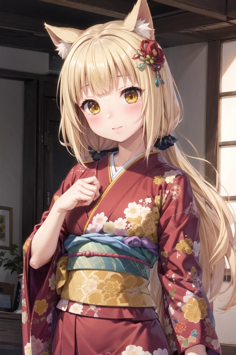 (best quality, masterpiece, RAW photo,ultra-detailed:1.2), 1girl, solo,
kimono, hair ornament, yellow eyes, blonde hair, cat ears, blunt bangs,
<lora:nekoworks_sayori-10:0.8:lbw=ALL>