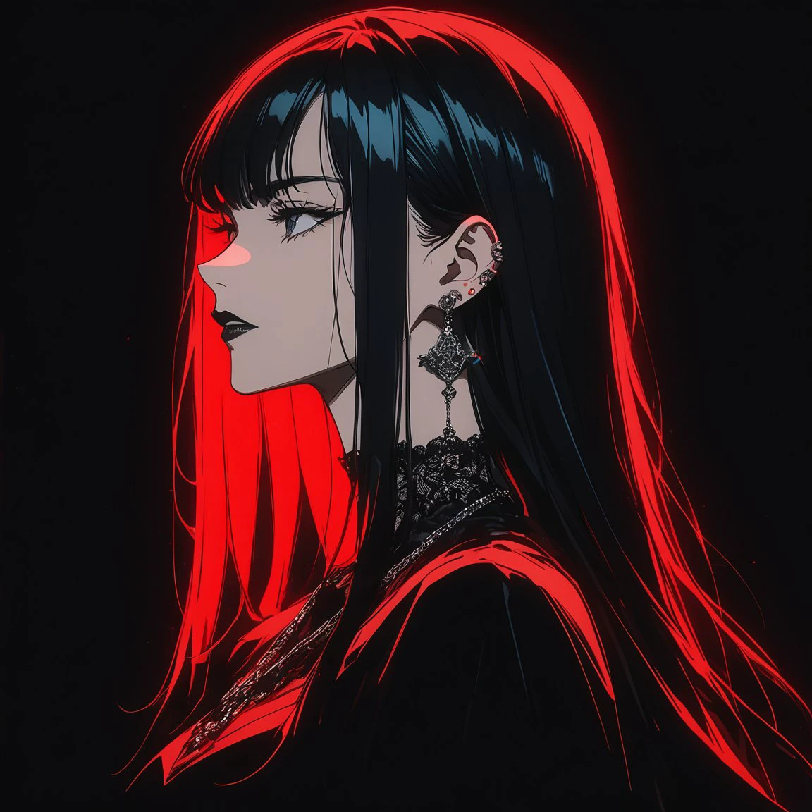 anime girl, best qulity, black hair, long hair, straight hair, red eys,  black lipstick, necklace, earrings,  black outfit, dark background, side view, <lora:gothic_girl:0.9>, <lora:GLSHS:0.8> GLSHS, partially illuminated