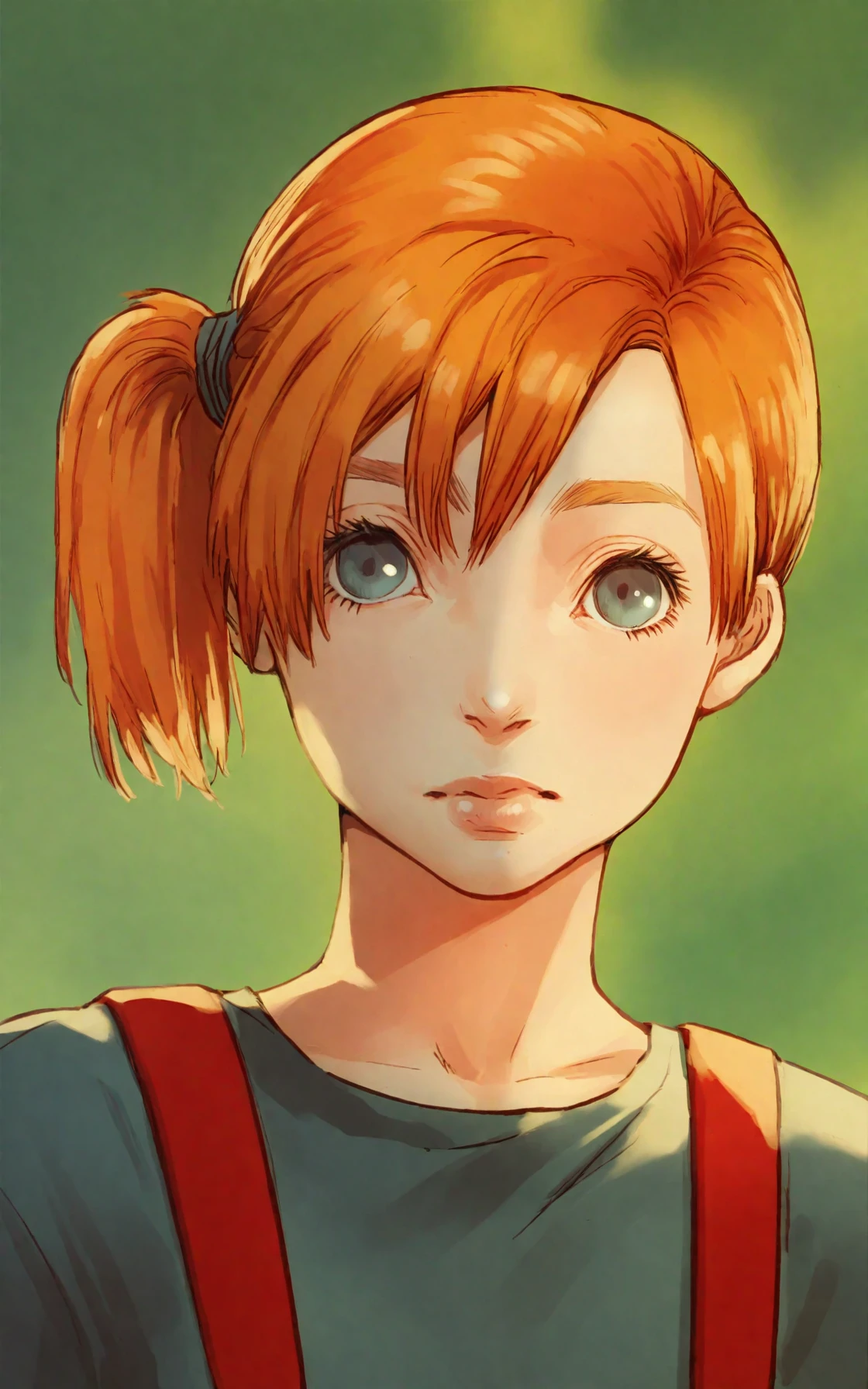 <lora:kuronekoSmith_pony_v1:1> comic art by kuroneko smith, <lora:Misty:1> misty, short hair, orange hair, side ponytail, eyelashes, ((suspenders)), score_9, score_6_up, score_7_up