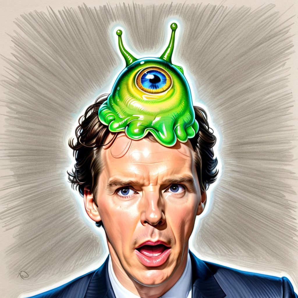 Colored Pencil Art,  
Benedict Cumberbatch ,  dumbfounded,
person wearing  (brainslug alien hat:1.4) on head, candid pose,   (cross-eyed:1.5), round iris, pleading face, perfect eyes,
Holographic theater, depth of field,
 <lora:BrainSlug_Alien_Hat_XL_V2.2:0.75>, colored pencil strokes, light color, visible paper texture, colored pencil art