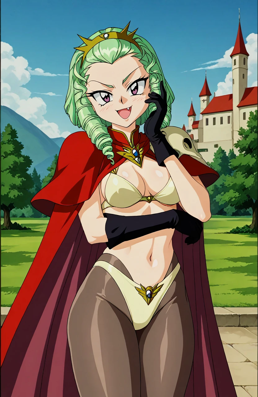 <lora:hyperSD8:1> score_9, score_8_up, score_7_up, score_6_up, BREAK, source_anime, rating_explicit, masterpiece, zPDXLxxx, detailed background, 
<lora:MARTINAPONYXL:1> 1girl, retro artstyle, 1990s (style), martina, green hair, drill hair, big eyes, fang, medium breasts, thick thighs, tiara, [covered nipple], cape, Ivory bikini, black gloves, shoulder horns, pantyhose, castle, shaded face, hand on own face, smug, big mouth, open mouth, arm under breasts, looking at viewer,
