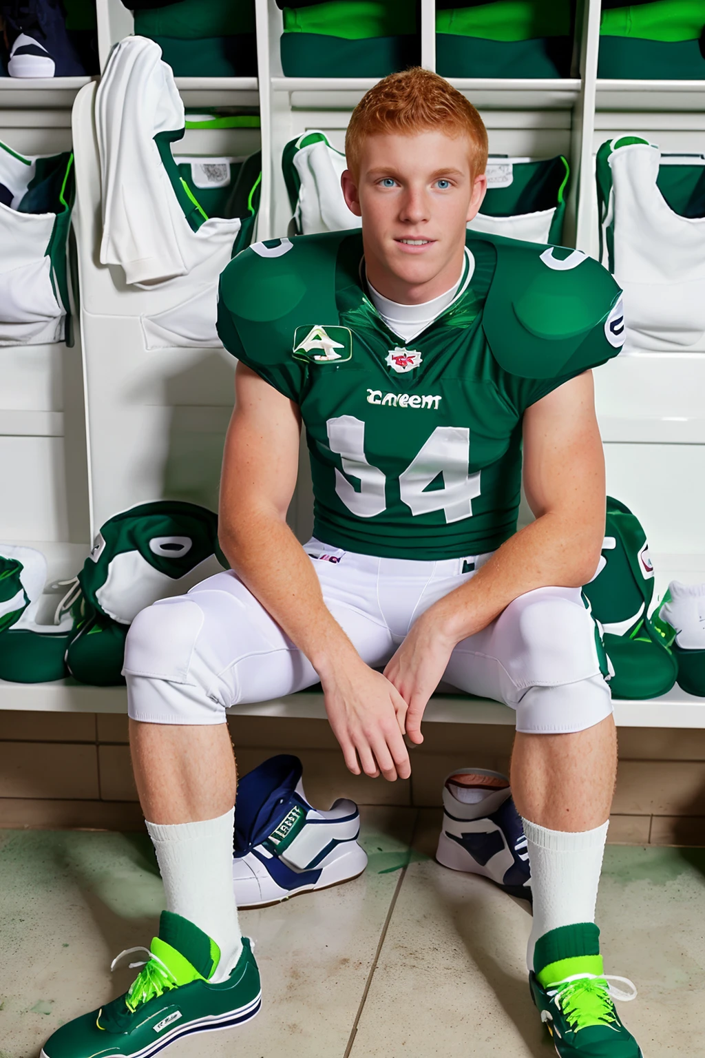 locker room, sitting on a bench, in front of lockers, slightly smiling, ginger hair, ConnorChesney is an (American football player), wearing (football uniform), (green jersey:1.4), (green shoulder pads:1.3), jersey number 14, (white football pants:1.4), (green socks:1.2), long socks, (sneakers:1.3), (((full body portrait))), wide angle  <lora:ConnorChesney:0.8>