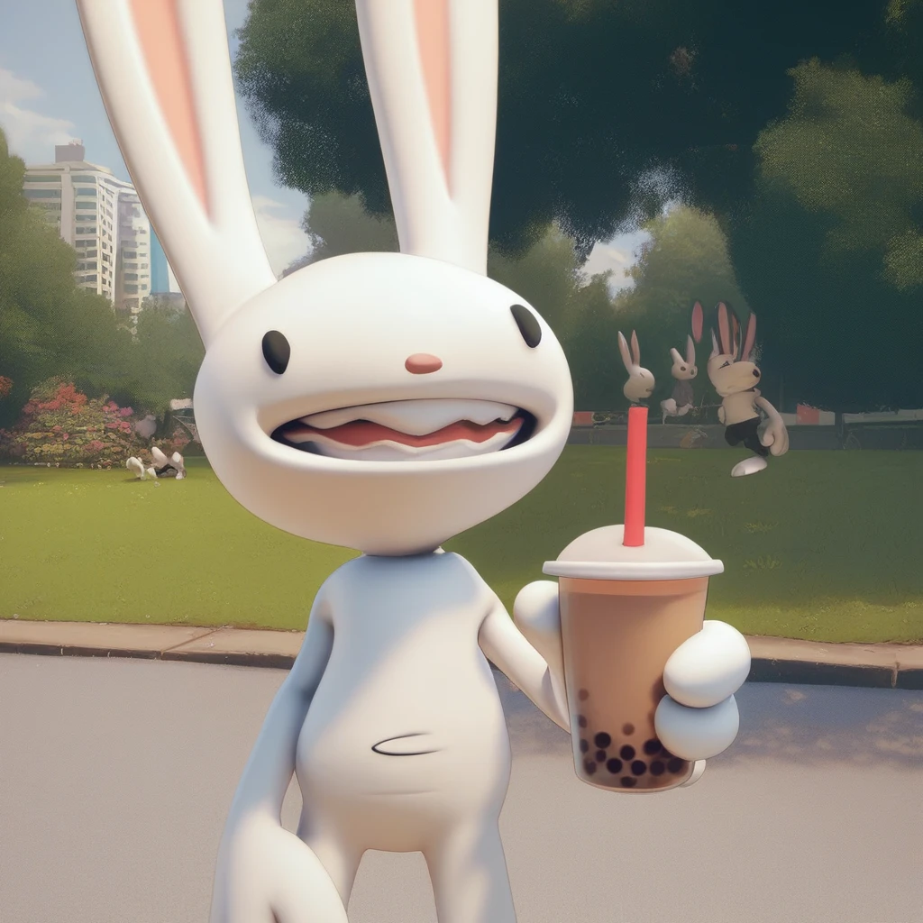 score_9 score_8_up score_7_up, max rabbit, holding, bubble tea, park