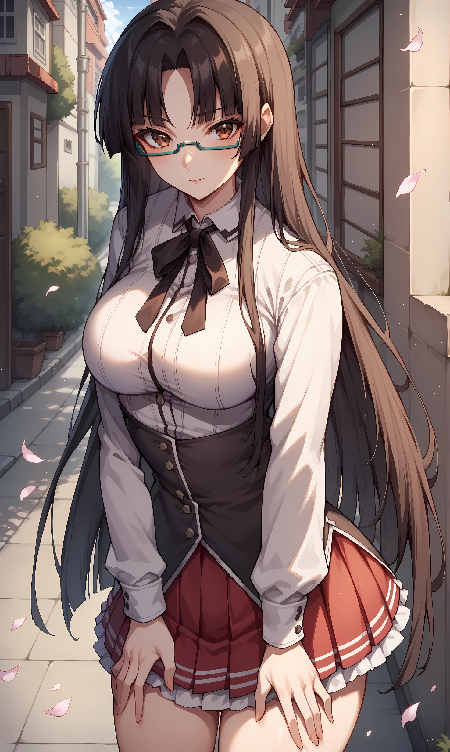 score_9, score_8_up, score_7_up, BREAK source_anime, 1girl, solo, outdoors, street, cherry blossoms, cowboy shot, standing, looking at viewer, shinra, brown eyes, long hair, black hair, glasses, semi-rimless eyewear, under-rim eyewear, parted bangs, blunt bangs, collared shirt, long sleeves, black ribbon, neck ribbon, vertical-striped shirt, black corset, dark red skirt, pleated skirt, frilled skirt