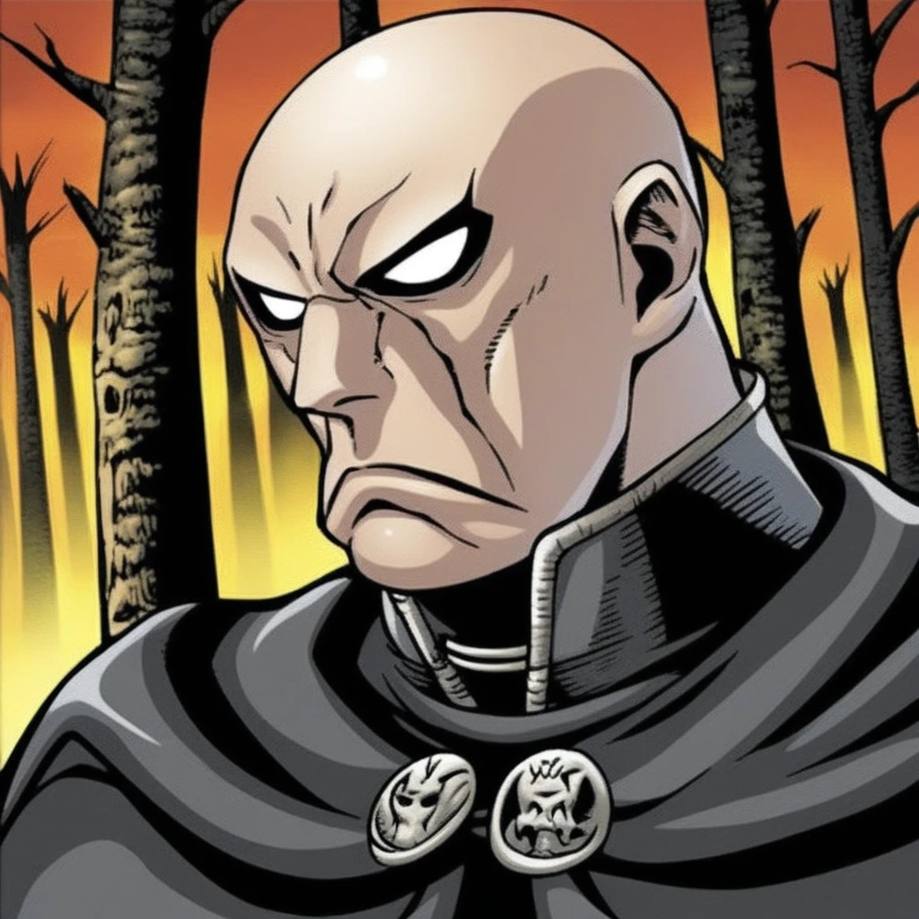 darth bane,  starwars, male focus, solo, 1boy, bald, cape, no pupils, upper body, tree, anime coloring, profile