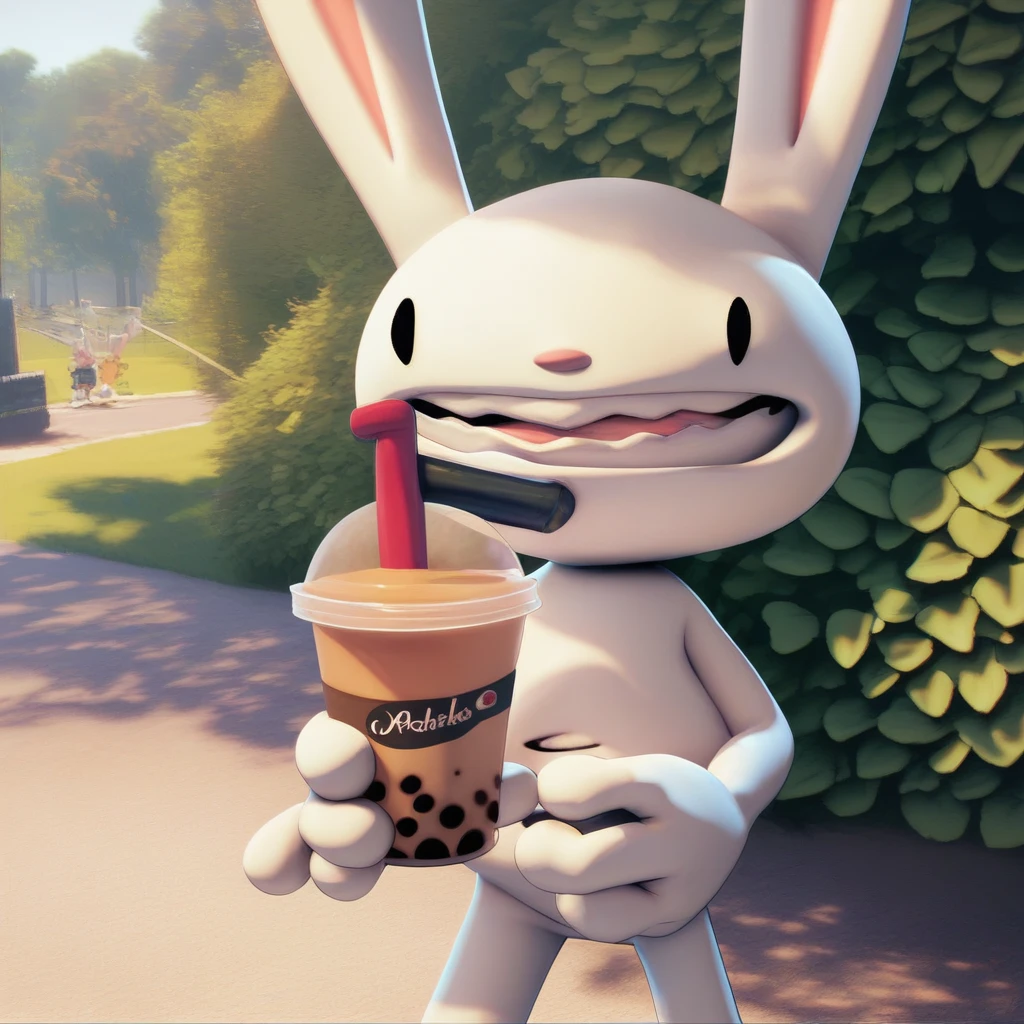 score_9 score_8_up score_7_up, max rabbit, holding, bubble tea, park