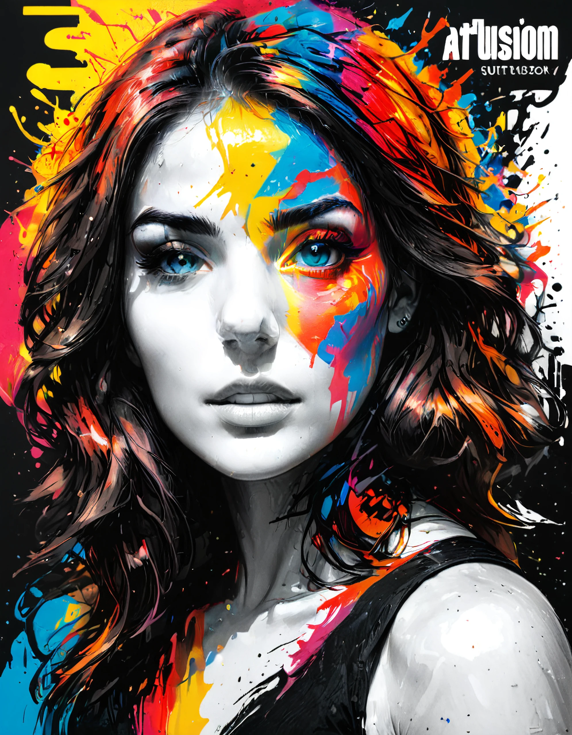 jay-war, text "ArtFusion SD3", beautiful woman, colorful artwork, split image, left is monochrome, right is colored