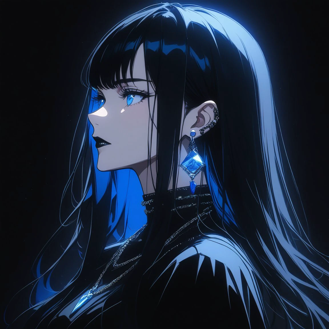 anime girl, best qulity, black hair, long hair, straight hair, blue eyes,  black lipstick, necklace, earrings,  black outfit, dark background, side view, <lora:gothic_girl:0.6>, <lora:GLSHS:0.8> GLSHS, partially illuminated