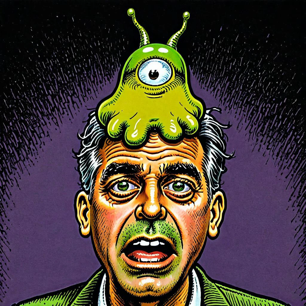 cartoon sketch in (rcrumb:1.2) style,  George Clooney   ,  dumbfounded,
person wearing see-thru  green  (brainslug alien hat:1.2) on head, candid pose,   (cross-eyed:1.5), round iris, Sympathetic face, 
Mafia hideout , 
 <lora:BrainSlug_Alien_Hat_XL_V2.2:0.85>  <lora:RCrumb_Style_XL_LyCoris_v1.5.2:0.6>