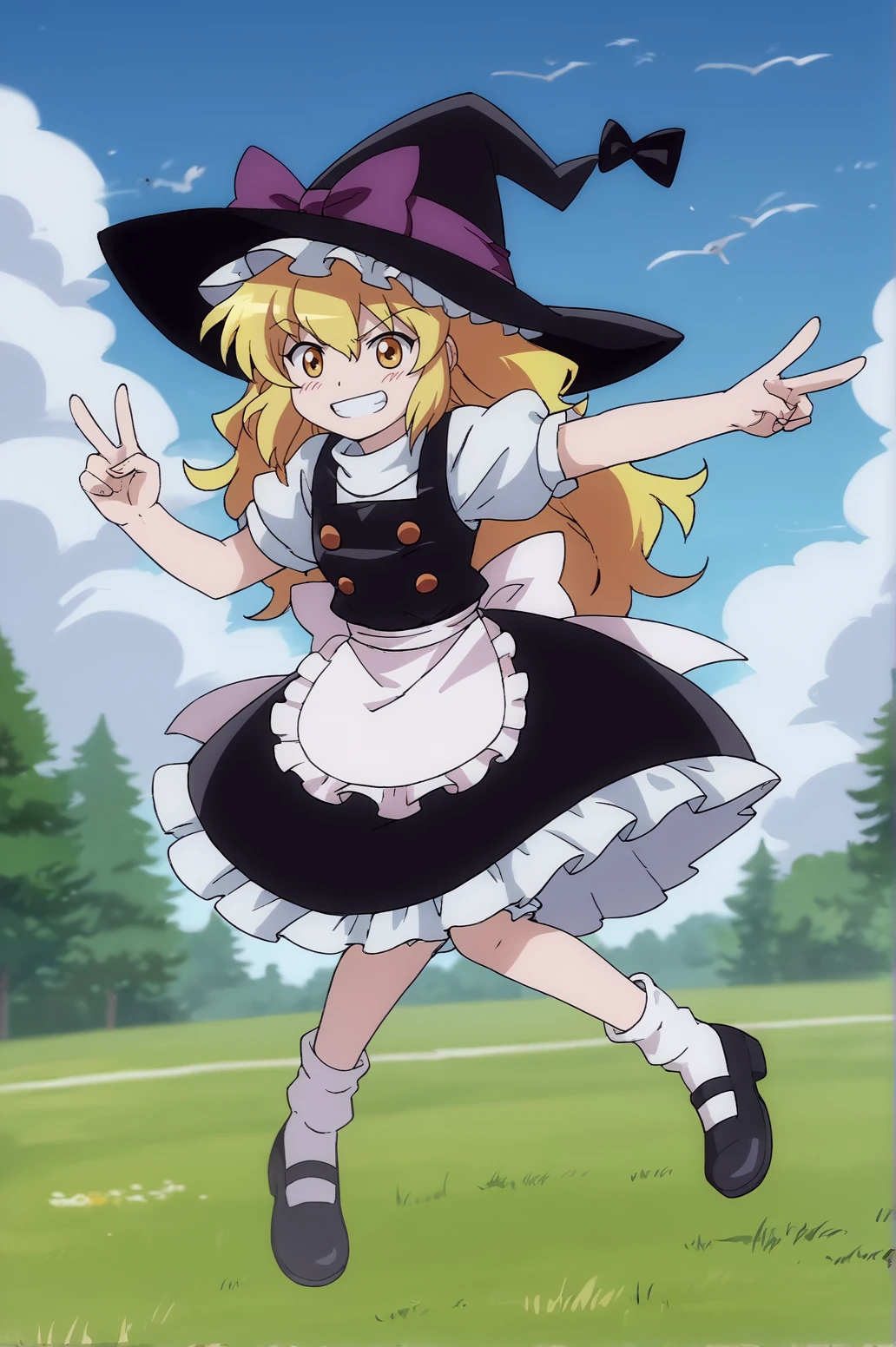 score_9, score_8_up, score_7_up,anime_source, source_anime, best background, detailed background, anime screencap,  Marisa, apron, bloomers, shoes, socks, solo, underwear, grin, blush, bow, hat, hat bow, solo, waist apron, witch hat, flying, v fingers, victory fingers, dynamic pose, cloud, sky, on air, fly, <lora:Kirisame_Marisa:0.8>