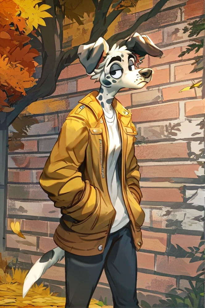 source_furry , furry dalmatian dog,  wearing high end puffy jacket, black pants,  hands in pocket, unamused expression, leaning against a brick wall, windy, fall season, yellow leaves, tree,   <lora:Test 1  epoch5:0.9>, score_9, score_8_up, score_7_up,