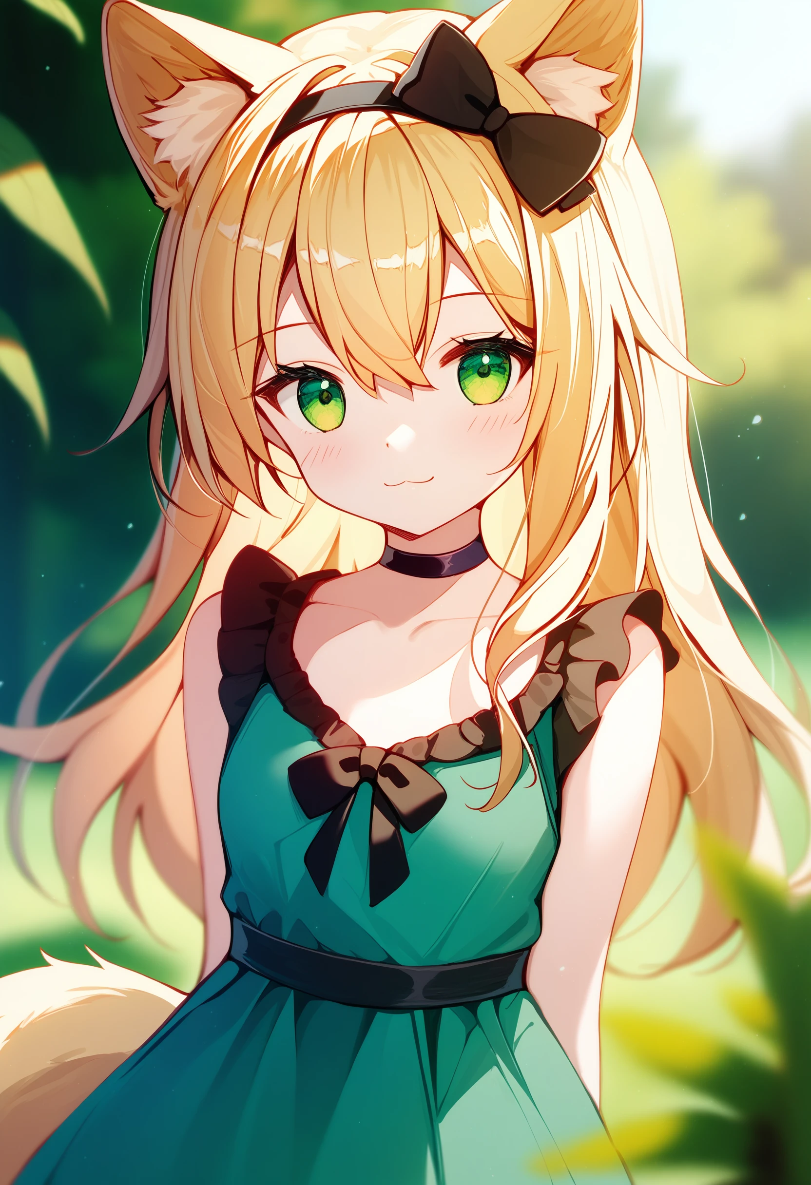 podenco \(arknights\), 1girl, animal ears, solo, dress, blonde hair, green eyes, smile, sleeveless, looking at viewer, black hairband, green dress, long hair, hairband, sleeveless dress, blurry, outdoors, choker, black bow, bow, black choker, hair bow, official alternate costume, dog ears, closed mouth, blurry background, hair between eyes, blush, tail, animal ear fluff, depth of field, upper body, day, dog girl, plant,
absurdres, score_9, score_8_up, score_7_up, score_6_up, best quality, masterpiece, very aesthetic <lora:dog_girl_concepts_v1.2:1>