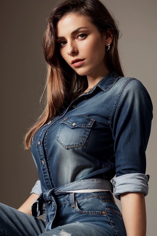 striped button-down shirt tied at the waist with distressed jeans a breathtaking  portrait photo of  a woman  <lora:MaddalenaCabizzosu_V1:1>, solo, dark brown hair, long hair, busty:1.2, looking at the viewer,  fill lighting, atmospheric, neutral bright background, High dynamic range, vivid, rich details, realistic, intense, enhanced contrast, highly detailed, 8k, 50mm prime lens, award-winning, professional, (dutch angle) (upper body shot), eye level,