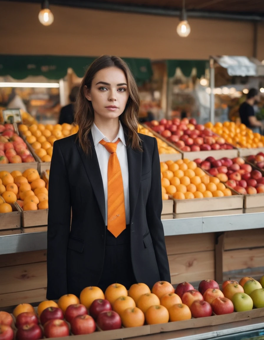 A woman in a stylish black suit with a unique tie stands confidently in front of a vibrant fruit stand, showcasing apples and oranges, Soft, even lighting highlights her features and creates a balanced composition placing her centrally, The fruit stand adds a pop of color and depth to the image, The overall aesthetic focuses on fashion and everyday life,
