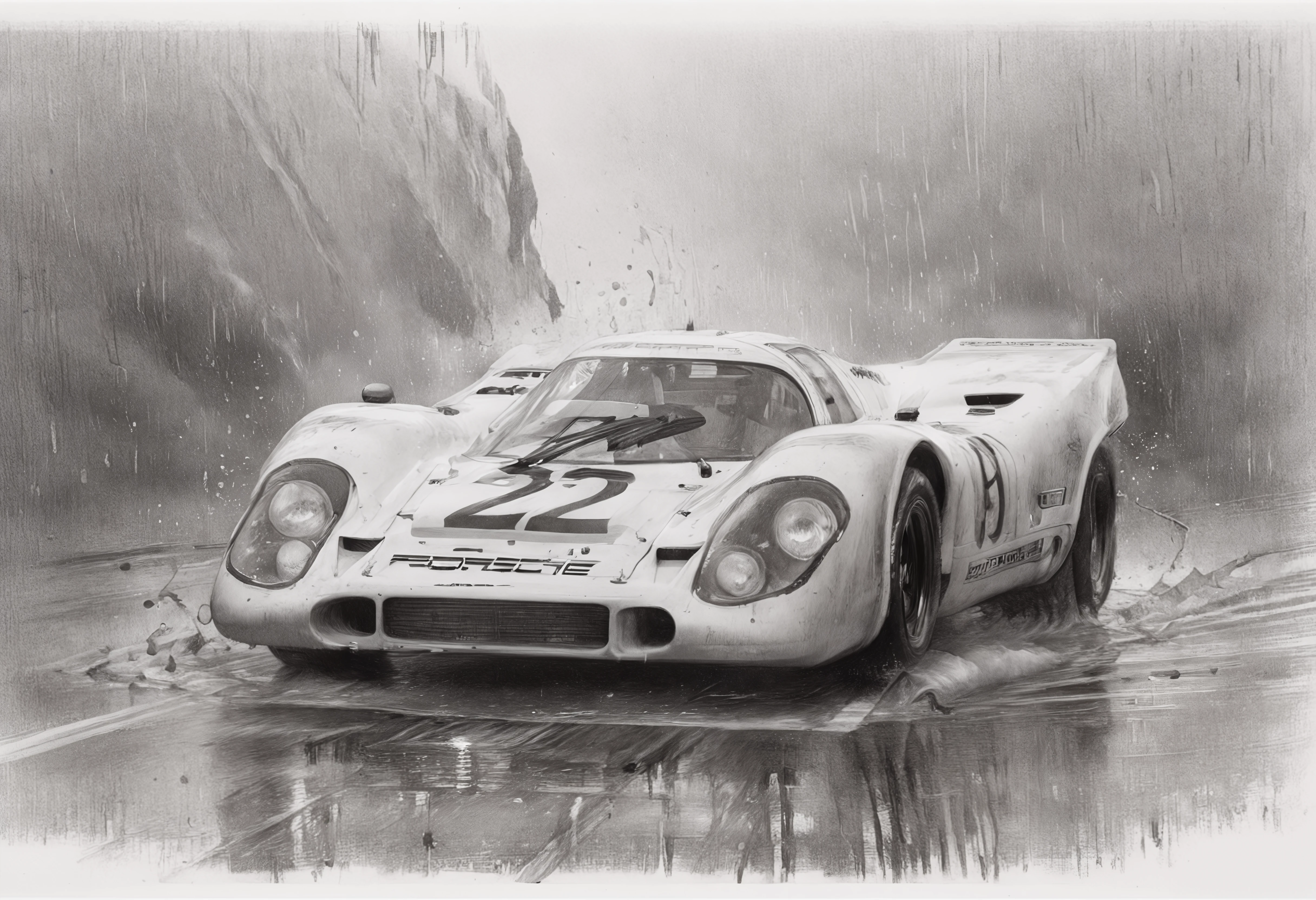 a PEPencilDrawing pencil drawing of a porsche 917, p0rsche9l7xl,     Petra, Jordan: The rose-red city carved into cliffs. in heavy rain, (splashes:1.5) mist fog, speed, action, dynamic, motion blur, car number = "1", (driver inside car, pilot, helmet:1.0), Arctic White,    ,  low view, dark, low-key,   low color saturation, concept art, perfect composition, masterpiece, professional photography, zeiss lens, shot on dslr 64 megapixels, sharp focus, intricately detailed, dramatic, tilt shift, f/32,