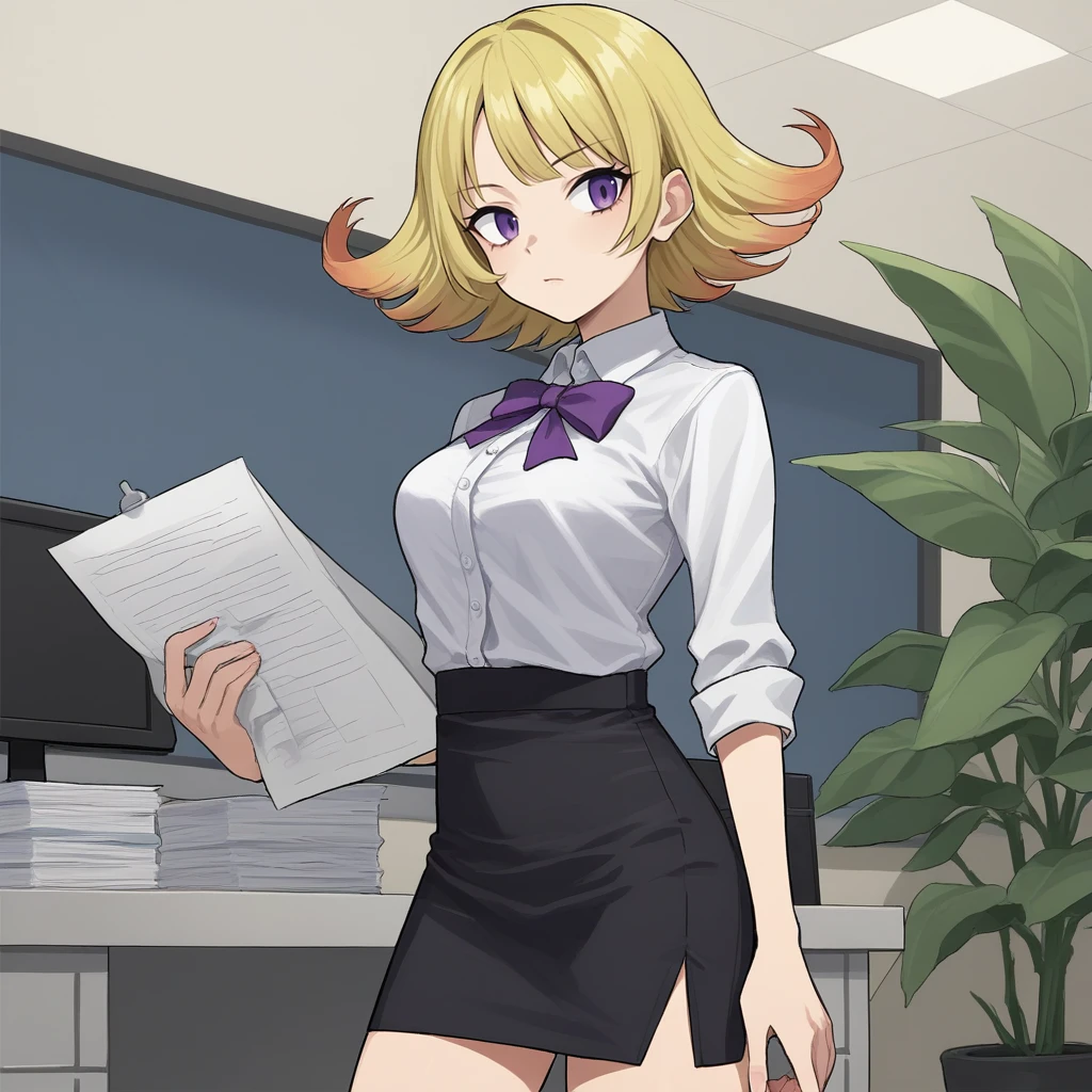 score_9, score_8_up, score_7_up, score_6_up, score_5_up, score_4_up, zPDXL2,source_anime,rating_questionable,1girl, solo, cowboy shot, white blouse, bow, black pencil skirt, office, <lora:Phosphora_-_Kid_Icarus:0.8> Phosphora_KI, blonde hair, purple eyes, short hair,  multicolored hair,