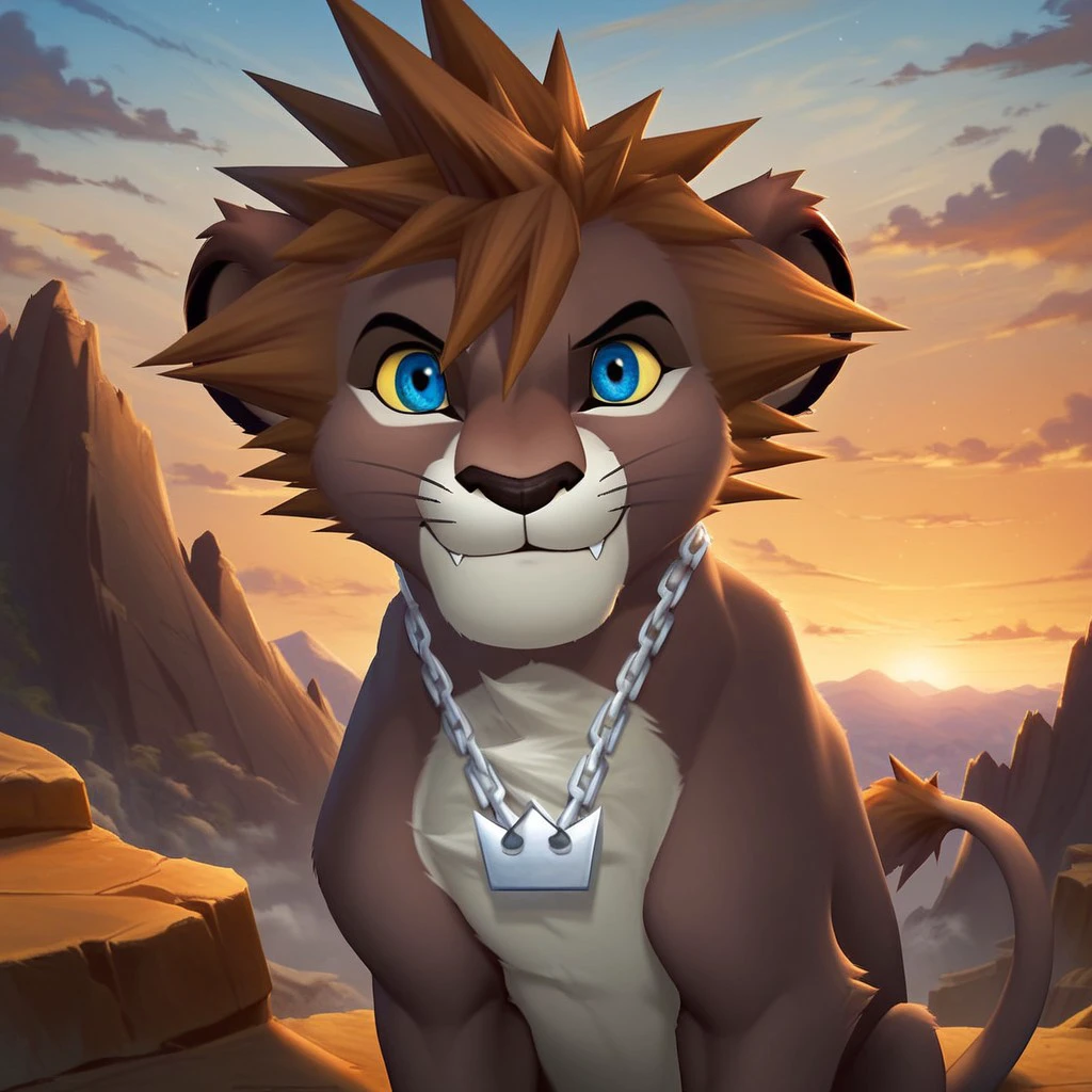 score_9, score_8_up, score_7_up, solo, Expressiveh, (LionSora, male lion, felid, feral, blue eyes, yellow sclera, spiky hair, chain necklace, brown hair, brown fur, brown body, white fur, white body, two tone body, two tone fur, black nose, whiskers, tail, fangs), cowboy shot, smile, teeth, sitting, africa, rocks, mountains, cliff, sunset, male focus, closed mouth, looking at viewer, detailed background, 4k, masterpiece, best quality, highly detailed, realistic