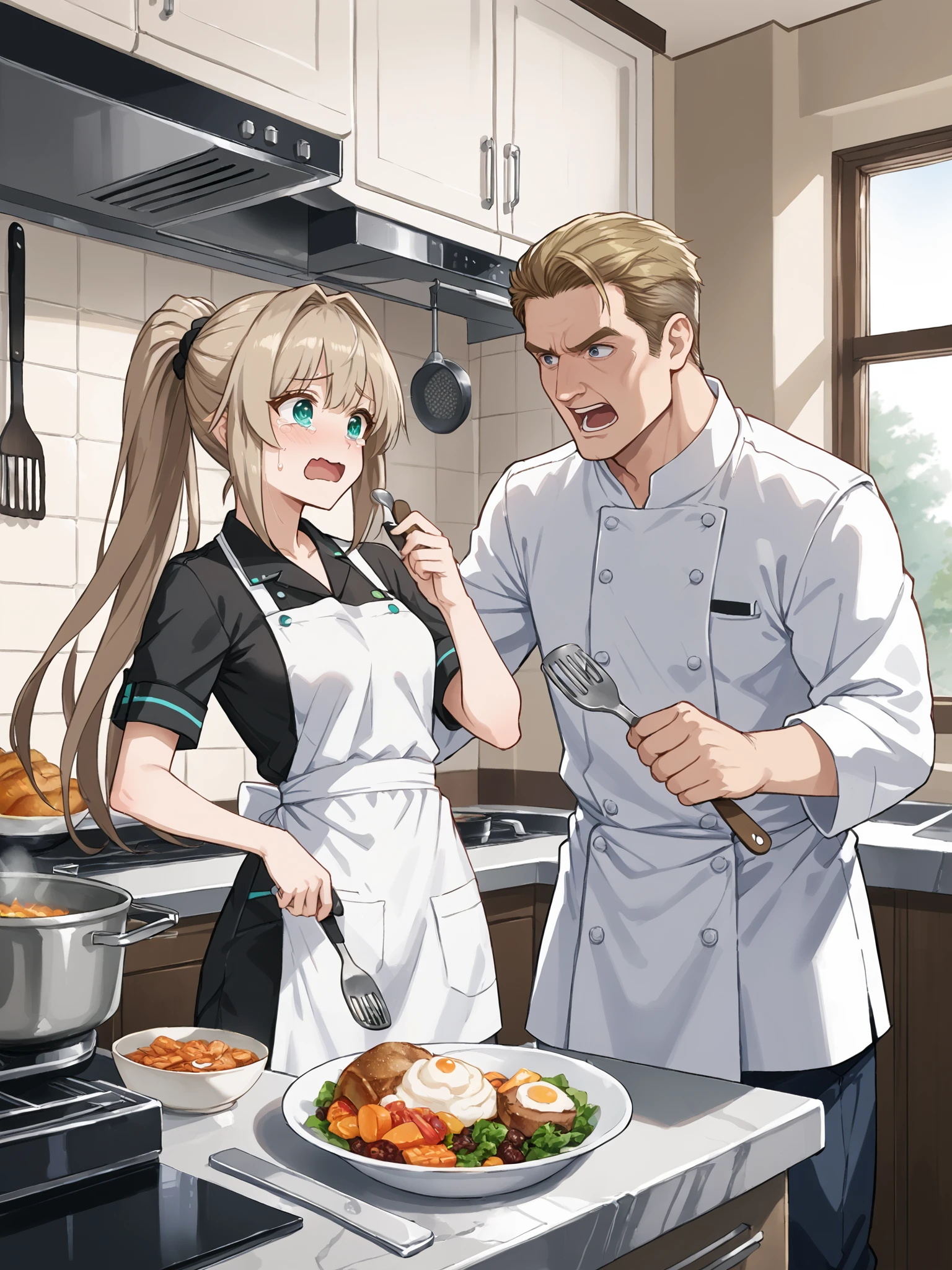 score_9, score_8_up, score_7_up, source_anime, (detailed eyes, eye shine:1.5), (science fiction, futuristic:1.5), (size difference, height difference, kitchen, preparing food, cooking, utensils:1.3), 2people, (holding spatula, eye contact, looking at each other:1.5), FCSEP
1girl, <lora:PSO2NGS_Manon_Pony_v1:0.5>, (ngsmanon:1.5), aqua eyes, chef hat, (ponytail:1.5), light brown hair, bangs, long hair, (chef outfit, apron:1.5), pointy ears, (thin waist, wide hips:1.5), (long legs:1.5), (wavy mouth, open mouth:1.5), (cooking, crying:1.5), FCSEP
1boy, (tall man, gordon ramsay, white clothing, chef uniform, chef outfit, yelling, screaming, angry, furious, big nose, wrinkles:1.5), (light blonde hair:1.5), (forehead, spiky bangs, spiky hair:1.5)