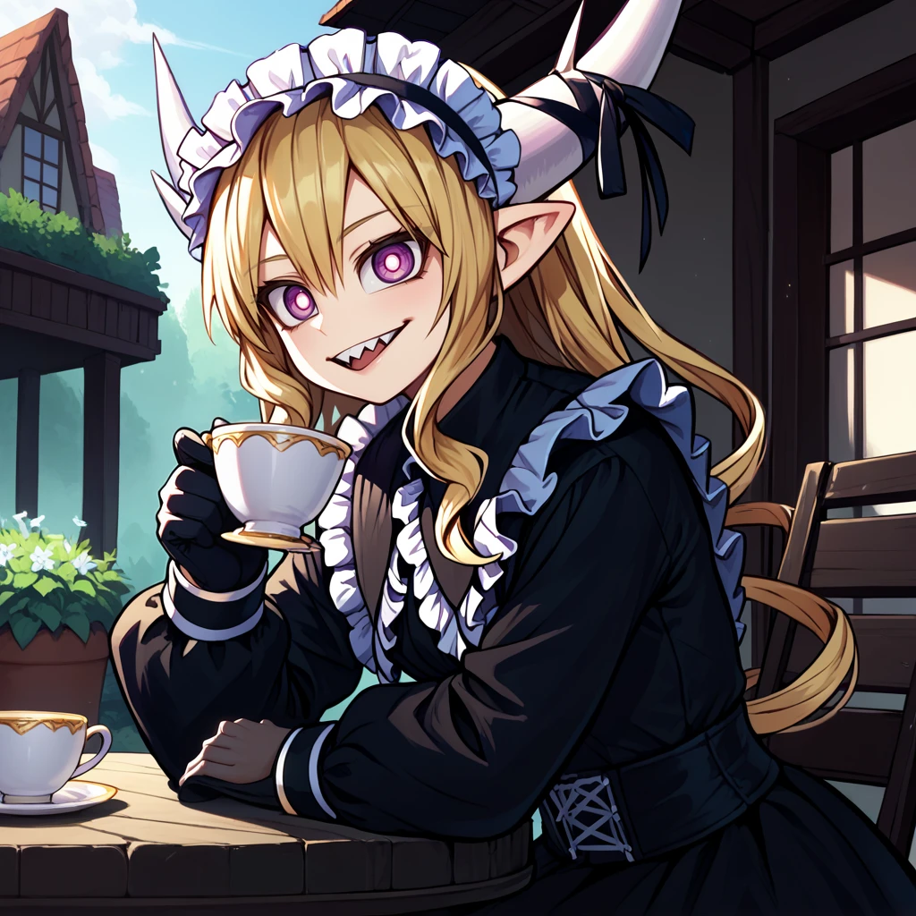 1girl,solo,<lora:nightmare:1>,nightmare \(mazohaha\),demon girl,demon horns,pointy ears,blonde hair,long hair,drill hair,twin drills,purple eyes,ringed eyes,triangle mouth,horn ribbon,maid headdress,black dress,black gloves,purple legwear,
outdoors,garden,
looking at viewer,hand up,v,holding cup,teacup,open mouth,sharp teeth,sitting,cowboy shot,table,from side,, score_9, score_8_up, score_7_up, perfect anatomy, source_anime, zPDXL2,