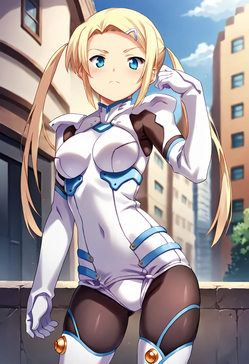 score_9, score_8_up, score_7_up, masterpiece, source_anime, 1girl, ct_yuzu, blonde hair, twintails, long hair, white hairclip, hair ornament, bodysuit, black pantyhose, thigh boots, cowboy shot, outdoors, city, depth of field, looking at viewer, hand up, closed mouth, facing viewer, medium breasts, portrait, <lora:HoshikawaYuzuha_Pony_ct_ver2:1>