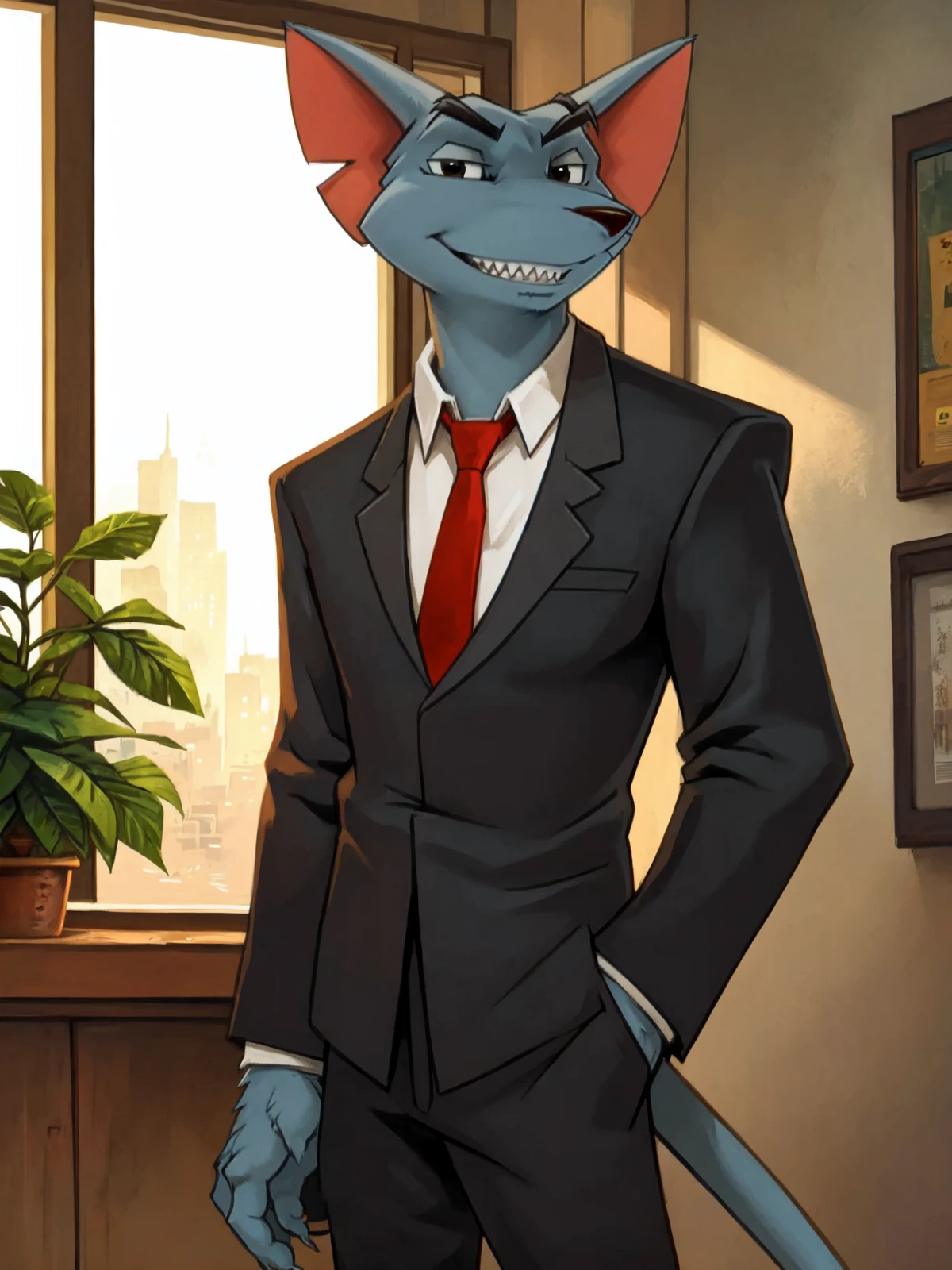 this photograph depicts garytherat, garytherat,rodent:1.2,rat:1.2, full body, leaning back, anthro, suit, necktie, pants, barefoot, arms at sides, detailed fur, male, feet, claws, male,solo, rodent tail, teeth,  simple eyes, looking at viewer, cinematic lighting, anatomically correct, symmetrical,4k,hi res,insanely detailed, inside, office, modern aesthetic, ultra realism shading,natural light,dim light,low light, realistic, realism, photorealistic, photorealism, by latotabo,by joonkorner, by i-psilone, by apple-faced, by milkytiger1145, by manadezimon, by canyne khai, by harusuke, by nekowuwu, by diasuke77, by venlightchaser, by tanutanuki, by shinigamigirl, by blotch, by rov, by fuze, by aogami, by numberfour, by unrealplace, by chokodonkey, by demicoeur,<lora:garytherat_YM:0.9>, digital media (artwork), by personalami, by kenket, by donryu, by ittybittykittytittys, by zackary911, by feralise, by ivan-jhang