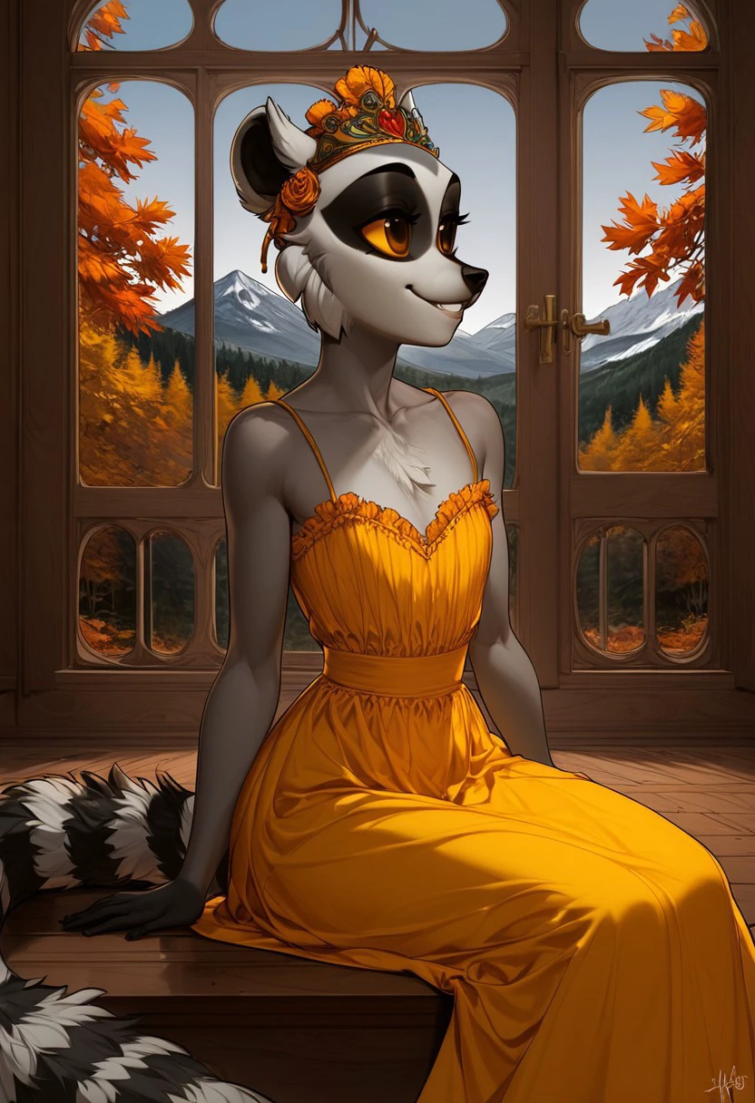 score_9_up , score_8_up , score_7_up ,1girl, cute, sideview , lemur girl,, flat background , thin ,slender, short hair , white fur, grey fur , white mouth ,black nose, two tone fur, smile , yellow sclera, black pupils, long tail , legwear , summer dress , green tiara , white chest , gray body, dark shoulders, flat chest, black eyeshadow, light face , circle window , flat wall , wood floor , forest and mountain view, autumn, victorian seat , sitting , ornate window , androginous