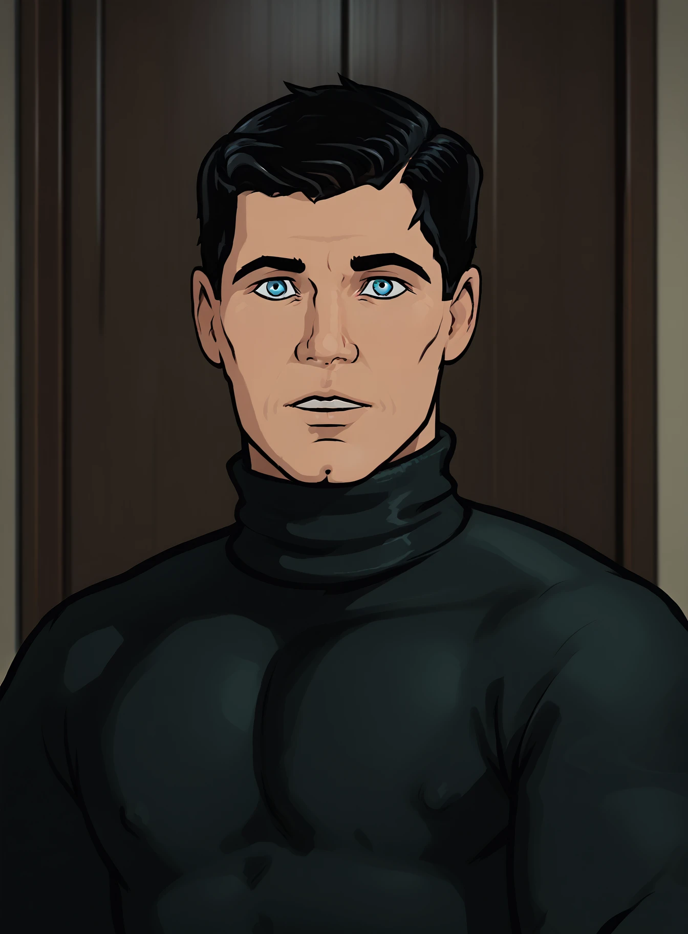 Sterling Archer, 1boy, male focus, solo, door, black hair, upper body, parted lips, short hair, long sleeves, looking at viewer, black turtleneck, blue eyes  <lora:SterlingArcherPony1.0:1.0>    ., score_9, score_8_up, score_7_up, score_6_up, score_5_up, score_4_up