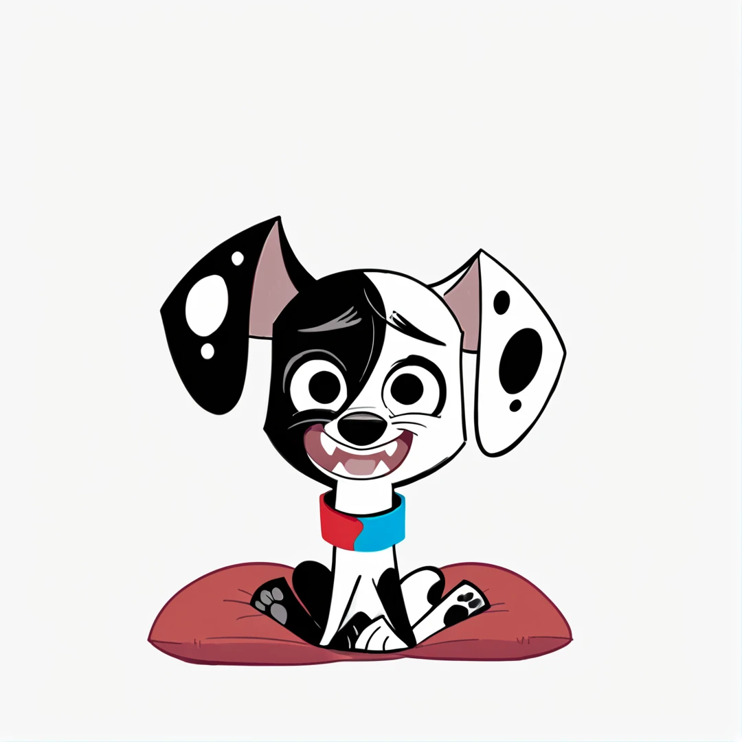 score_9, score_8_up, score_7_up, score_6_up, score_5_up, score_4_up,<lora:Deepak101_dalmatians:1>, black and white fur, high resolution, deepakdotg, solo, looking at viewer, smile, open mouth, simple background, 1boy, white background, animal ears, sitting, full body, male focus, teeth, pillow, no humans, fangs, flat color, dog, animal, body fur, multicolored fur, multicolored collar, dog ears