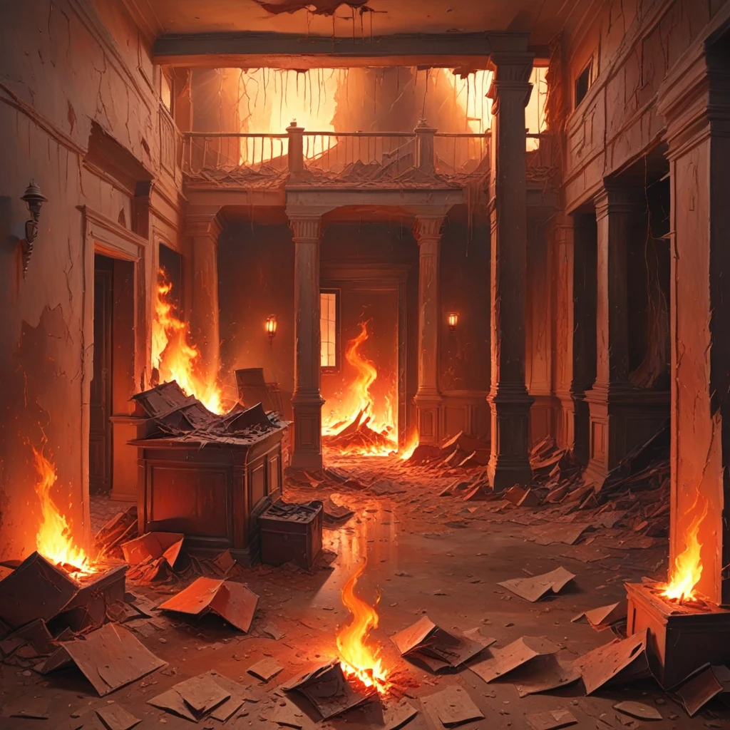 pillar, tiles, creepy, light rays, fire, open door, english text, torch, tree, waste, debris, vehicle focus, cars, broken window, paper, 1other, basement, crack, dust, building, hell, window, ground vehicle, broken, red, doorway, car, standing, ruins, smoke, city, cliff