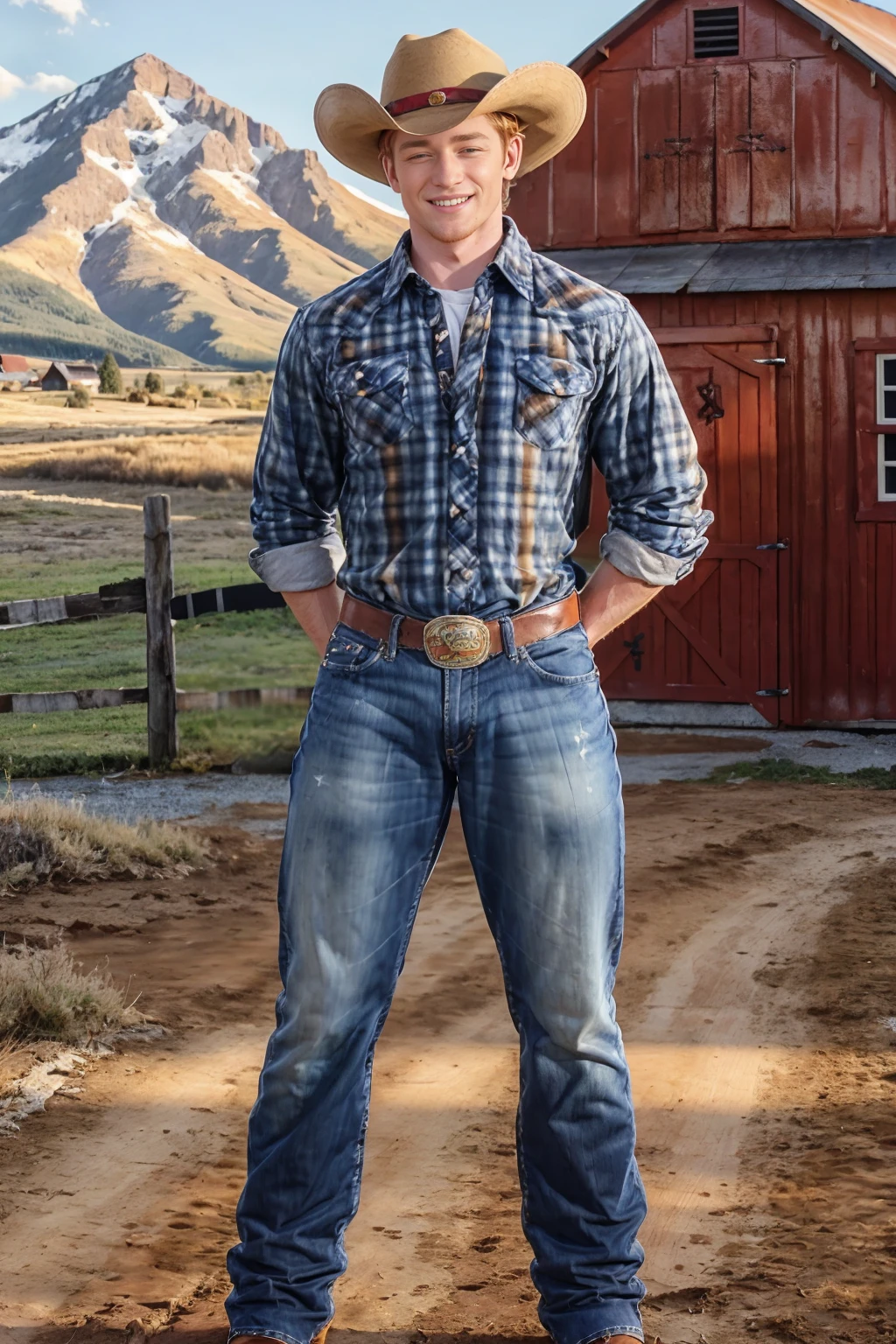 outdoors, golden hour, standing in front of (red barn), mountain in the background, ginger hair, RickMcCoy, smiling, sexycowboy, (cowboy hat), (plaid shirt), denim blue jeans, belt, silver belt buckle, (((full body portrait))), wide angle,   <lora:RickMcCoy:0.8>   <lora:Clothing - Sexy Cowboy:0.45>