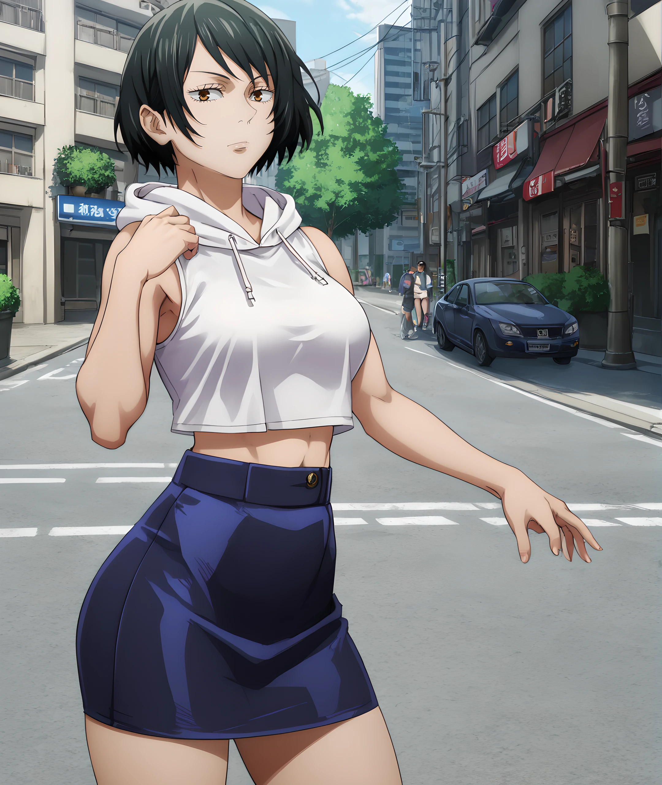 mai, solo, 1girl, short hair, black hair,dark brown eyes, looking at viewer, whole body, posing, <lora:Mai_Zenin_-_Jujutsu_Kaisen:0.9>
BREAK
level_9, level_8_up, level_7_up, level_6_up, level_5_up, source_anime, masterpiece 
BREAK
outdoor background, (street wear:1.2), Japan, city, street, Tokyo, modern clothes,white crop top,mid skirt, hoodie, <lora:Jujutsu_Kaisen:0.7>,