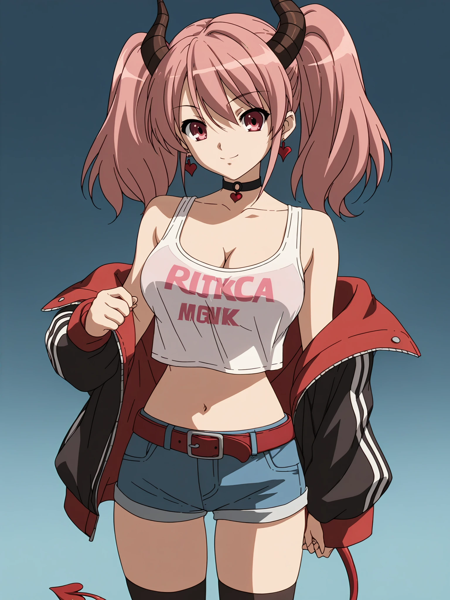 score_9, score_8_up, score_7_up, score_6_up, score_5_up,
1girl, solo, breasts, tail, pink_hair, horns, demon_tail, shorts, jacket, twintails, large_breasts, smile, looking_at_viewer, long_hair, navel, choker, black_background, pink_eyes, short_shorts, belt, demon_girl,  pink_jacket, demon_horns, simple_background, tank_top, open_jacket, cleavage, black_shorts, open_clothes, thighhighs, off_shoulder, bare_shoulders, closed_mouth, head_tilt, hair_between_eyes, cowboy_shot, jewelry, micro_shorts, collarbone, black_choker, white_thighhighs, crop_top, bangs, earrings, clothes_writing, shirt, midriff, standing, see-through, contrapposto, long_sleeves
 <lora:Haruhi:1>