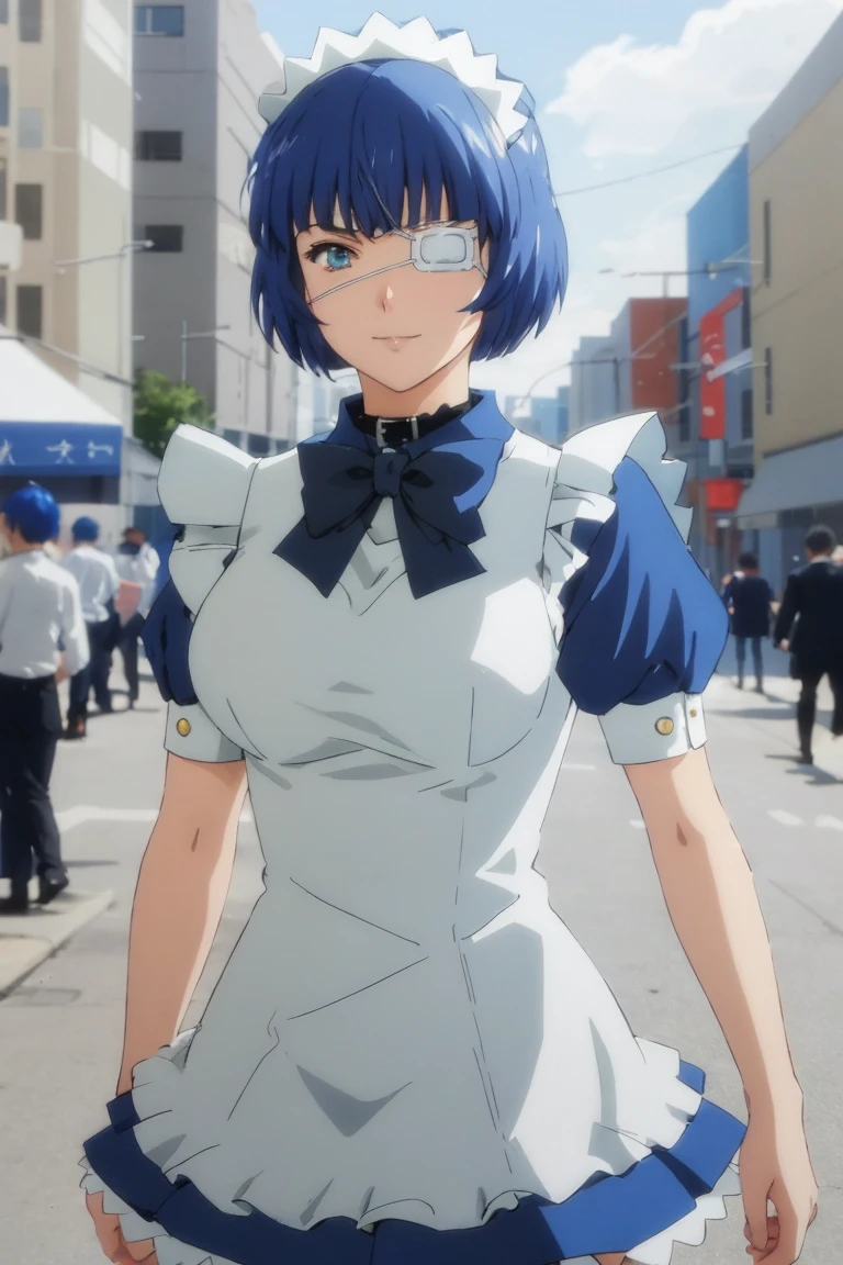 <lora:shimeiryomou-05:0.6>,  ,((short hair, blue hair)), (slight smile),(eyepatch),, , shimeiryomou, a photo of a woman, blue dress, white apron, choker, maid headdress, thighhighs,  walking, outdoors, city sidewalk, ((detailed eyes, detailed face))