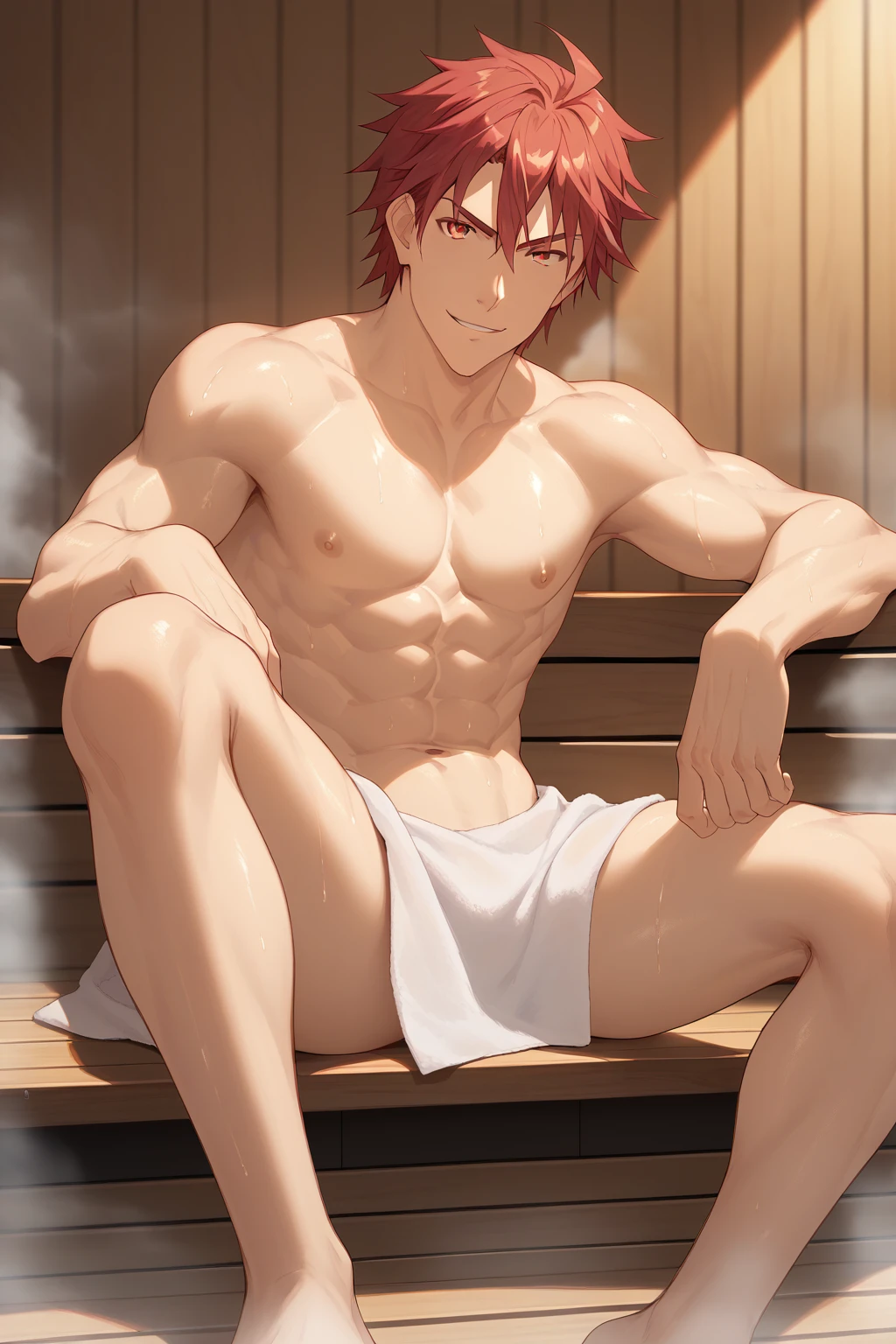 (score_9, score_8_up:1.1), score_7_up,halbert magna, man, red hair, solo, red eyes, tall, adult, toned body, smirk, sauna, semi-naked, towel, looking at viewer, sitting, spread legs, fog, from