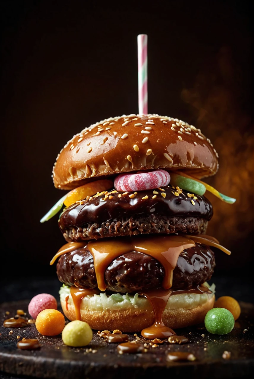 (photoart_style,Food photography style,realistic,film grain,4k),chocolate hamburger made from sweets and lollipops, glaze, caramel sauce splash, foodporn, foodphoto, foodstyle, (classic Rembrandt lighting),dark background,,deep rich vivid colors, intricate detail, perfect symmetry, epic atmosphere, great composition, perfect composition, highly detail, enchanted, complimentary colors, beautiful elegant stylish