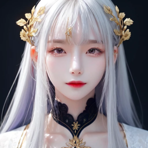 highly insanely detailed, masterpiece, top quality, best quality, highres, 4k, 8k, RAW photo, (very aesthetic, beautiful and aesthetic),  
(1girl:1.3), eyes focus, 
(dark navy hair,classic white hair,radiant gold hair,gradient hair), 
ethereal lavender background, 
âââ