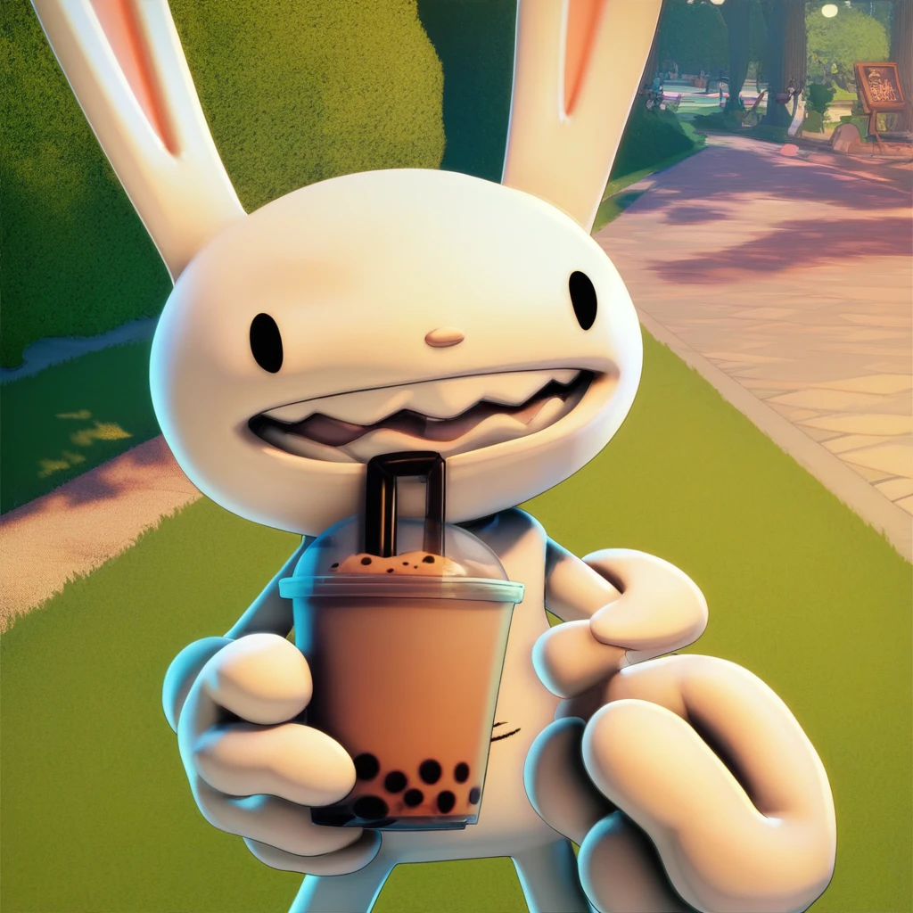 score_9 score_8_up score_7_up, max rabbit, holding, bubble tea, park