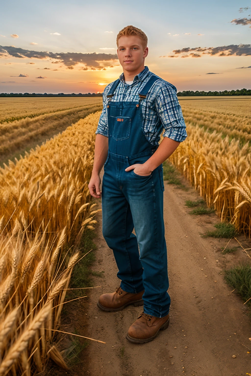 sunset, Kansas wheat field, ginger hair, ConnorChesney, blue plaid shirt, faded blue denim overalls, work boots, (((full body portrait))) , wide angle <lora:ConnorChesney:0.8>