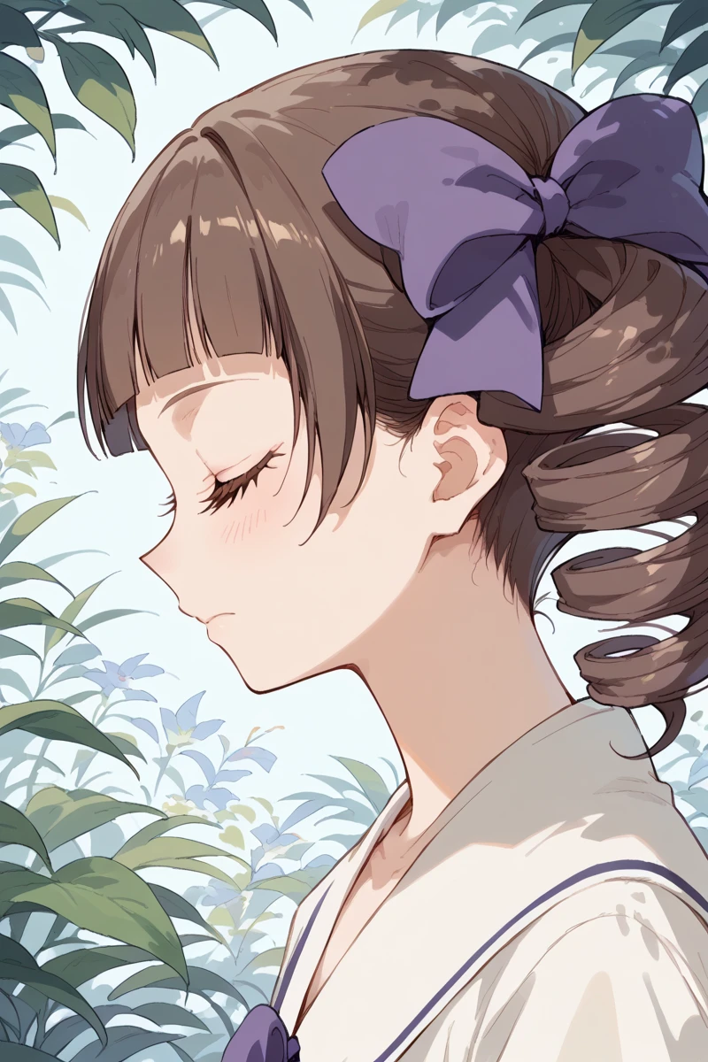 score_9, score_8_up, score_7_up, score_6_up,
 <lora:Touko_Matsudaira:0.9> touko, 1girl, solo, closed eyes, brown hair, drill hair, profile, close-up, bangs, blunt bangs, closed mouth, purple bow, bow, hair bow, anime coloring