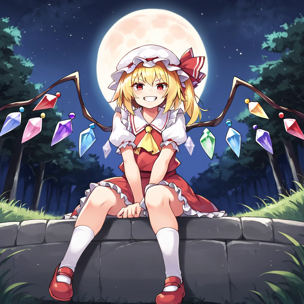 1girl, outside, night, starry sky, forest, full moon, field, full body, pov, flandre scarlet, 2 wings, 8 crystals on each wing, red eyes, v shaped brows, grin, blonde hair, side ponytail, hair bow, white headwear, mob cap, white puffy sleeves, white sleeves, short sleeves, red vest, yellow ascot, white socks, folded socks, red shoes, red skirt, pumps, frilled skirt, white bloomers, flat chest, masterpiece, best quality, looking at viewer, facing toward viewer, sitting, detailxl, <lora:ieknnig_epoch_1:1>, <lora:Test:0.8>