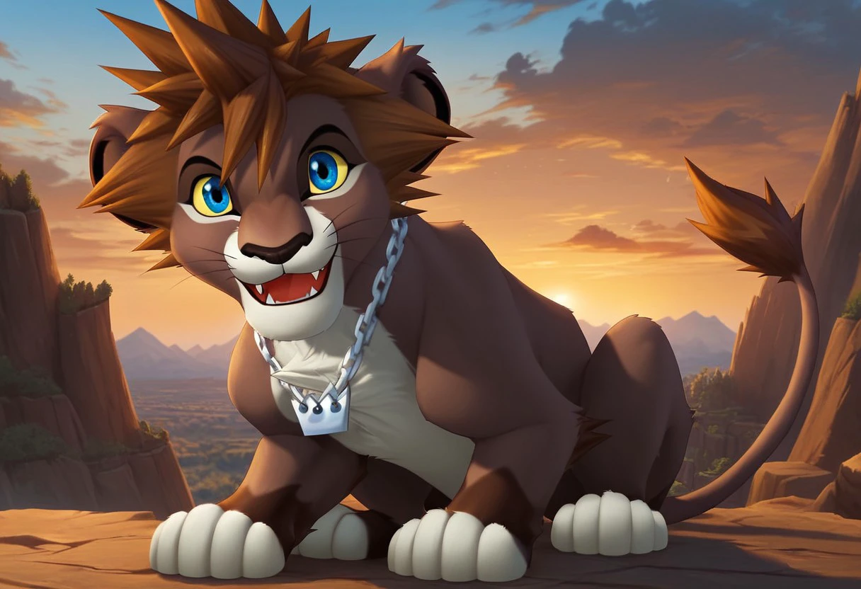 score_9, score_8_up, score_7_up, solo, Expressiveh, (LionSora, male lion, felid, feral, blue eyes, yellow sclera, spiky hair, chain necklace, brown hair, brown fur, brown body, white fur, white body, two tone body, two tone fur, black nose, whiskers, tail, fangs), 3 whiskers on each side, smile, teeth, sitting, africa, rocks, mountains, cliff, sunset, male focus, open mouth, excited, happy, looking at viewer, detailed background, 4k, masterpiece, best quality, highly detailed, realistic