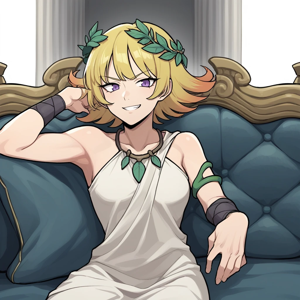 score_9, score_8_up, score_7_up, score_6_up, score_5_up, score_4_up, zPDXL2,source_anime,rating_questionable,1girl, solo, cowboy shot,greek toga, laurel wreath, marble interior, lounging, smirk,<lora:Phosphora_-_Kid_Icarus:0.8> Phosphora_KI, blonde hair, purple eyes, short hair,  multicolored hair,