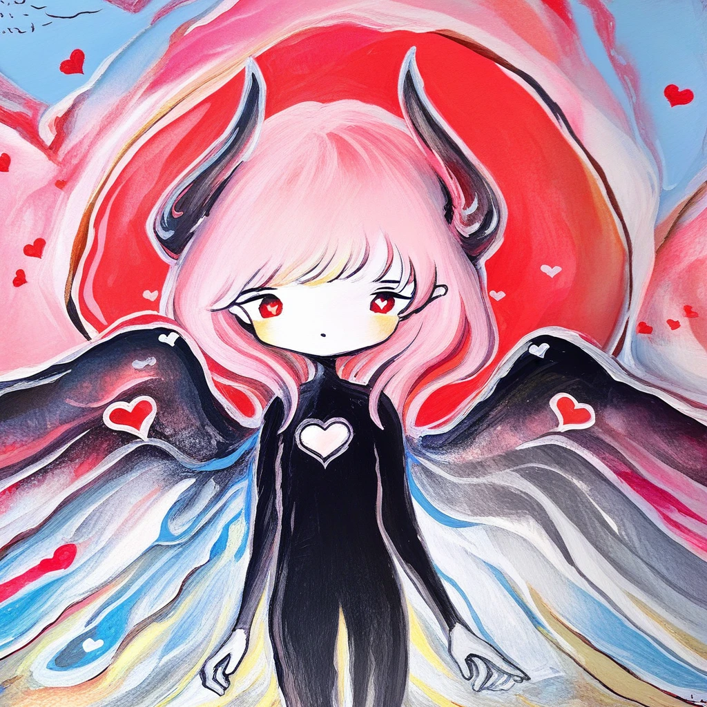 1girl, watercolor (medium), painting (medium), pink hair, red eyes, colored skin, white skin, horns, feathered wings, low wings, black wings, bodysuit, heart cutout, star-shaped pupils