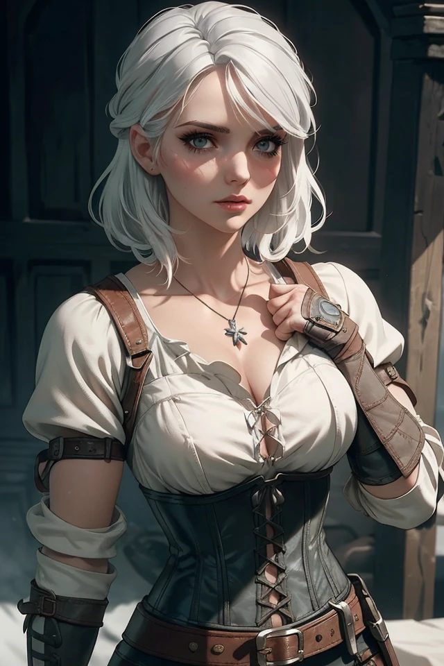 (P_Ciri),solo, 1girl, long hair, eyelashes, breasts, makeup, white hair, side bangs, updo hair, armor, corset, strap, cloak, necklace, belt, simple background, looking at viewer, posturing attack,