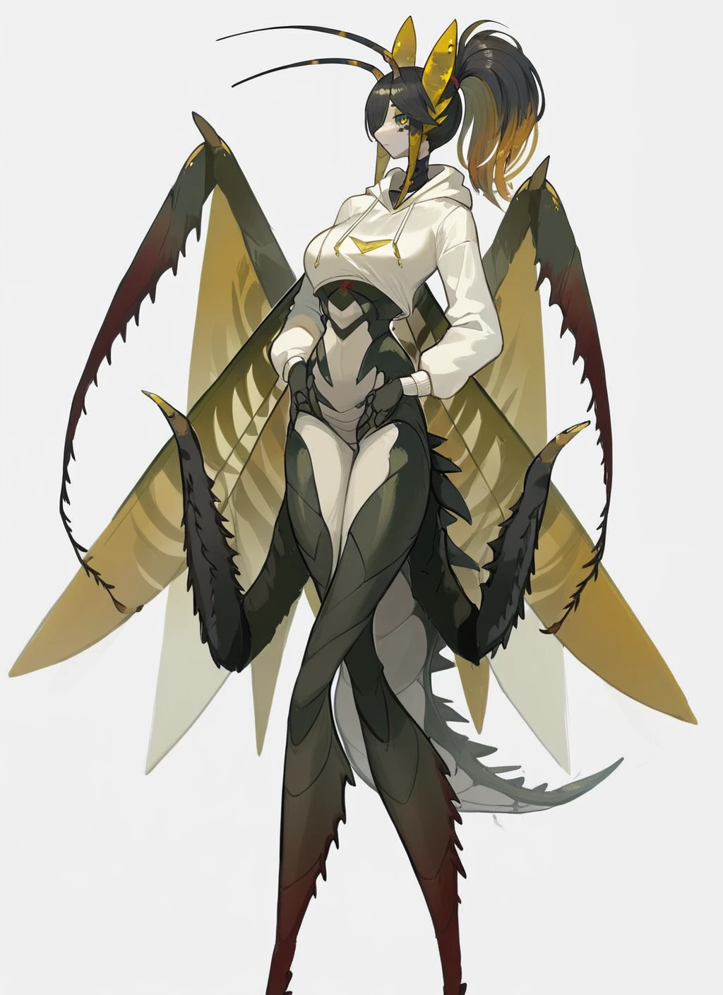 score_9, score_8_up, score_7_up, highly detailed, mnts, beautiful monster girl, black carapace, wings, Tied Back Ponytail yellow and black hair, large breasts, white hoodie, rating_questionable, source_anime, BREAK best quality, masterpiece, e621, digital_art, <lora:Mantis_Girl_concept_Pony:1.0>