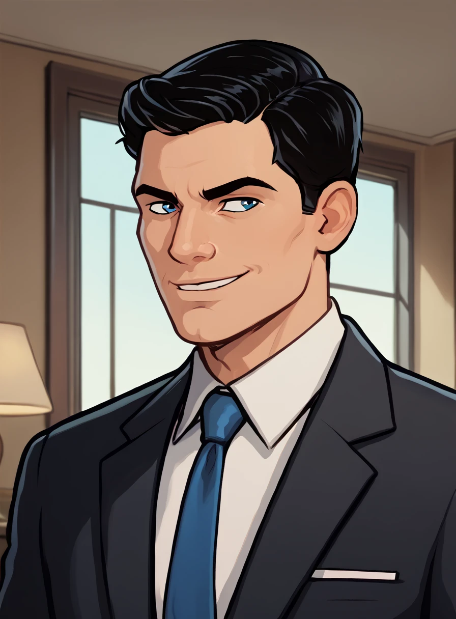 Sterling Archer, 1boy, necktie, male focus, solo, suit, blue necktie, black hair, indoors, upper body, short hair, smirk, collared shirt, blue eyes <lora:SterlingArcherPony1.0:0.5>  , score_9, score_8_up, score_7_up, score_6_up, score_5_up, score_4_up