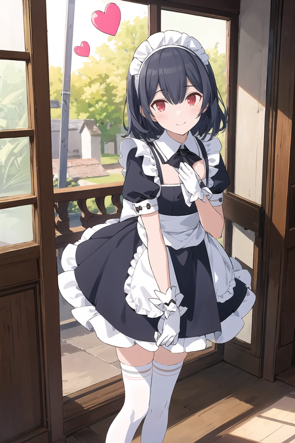 r_morinoFCW, straight hair, 1girl, solo, red eyes, medium hair, black hair, blue hair, bangs, hair between eyes, (flat chest:1.2), looking at viewer, smile, ^^, apron,black dress,blush,dress,enmaided,gloves,heart,looking at viewer,maid,maid apron,name tag,outside border,puffy short sleeves,puffy sleeves,short sleeves,thighhighs,white apron,white gloves,white thighhighs <lora:r_morino:1>