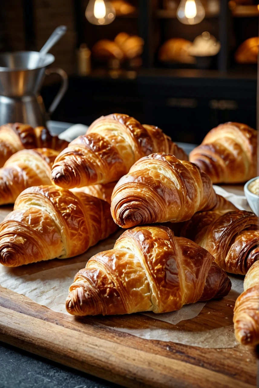 (photoart_style,Food photography style,realistic,film grain,4k),Freshly baked croissants on counter in bakery,deep rich vivid colors, intricate detail, perfect symmetry, epic atmosphere, great composition, perfect composition, highly detail, enchanted, complimentary colors, beautiful elegant stylish